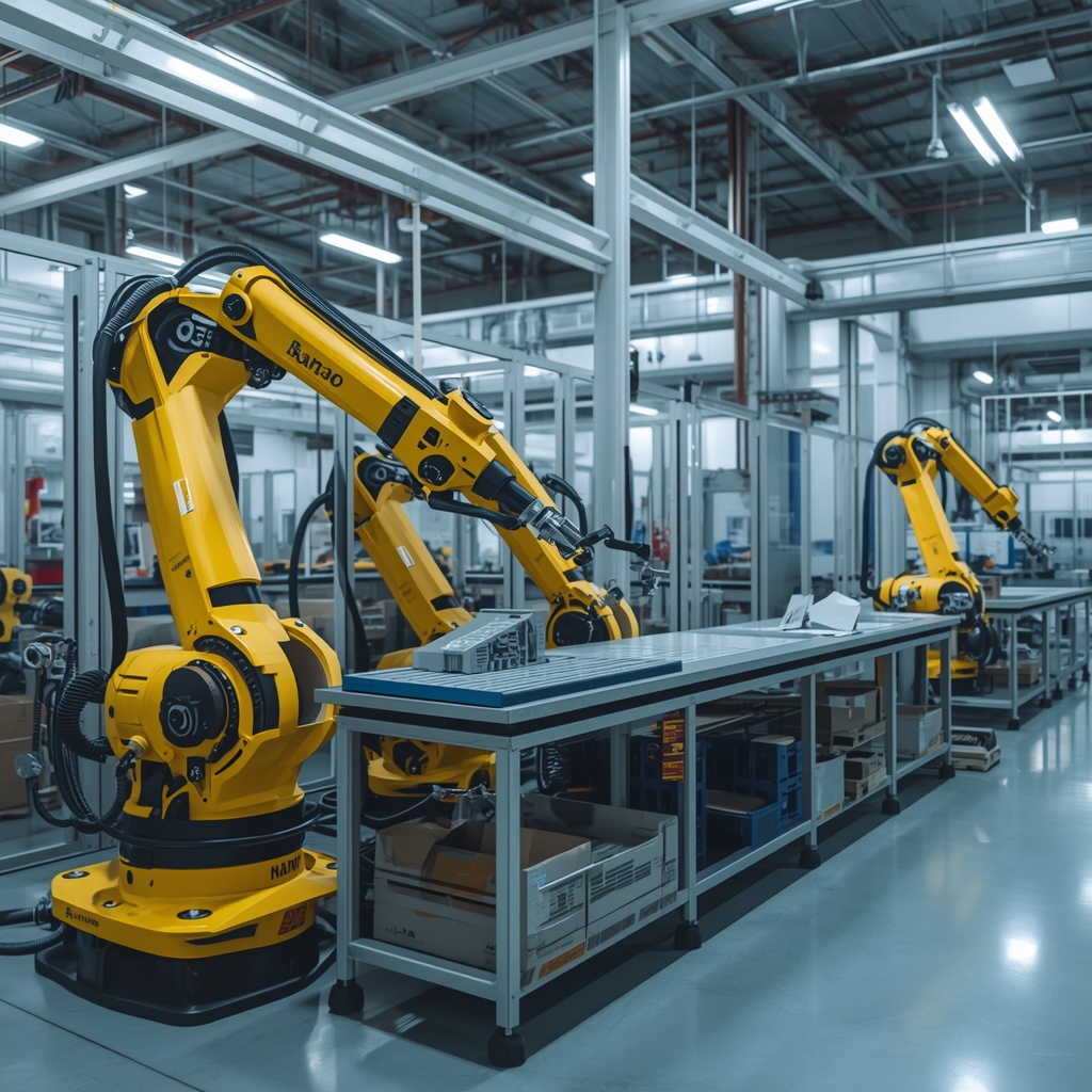Nano Banana2 advanced robotics research laboratory with robotic arms and automated assembly line in a high-tech industrial facility